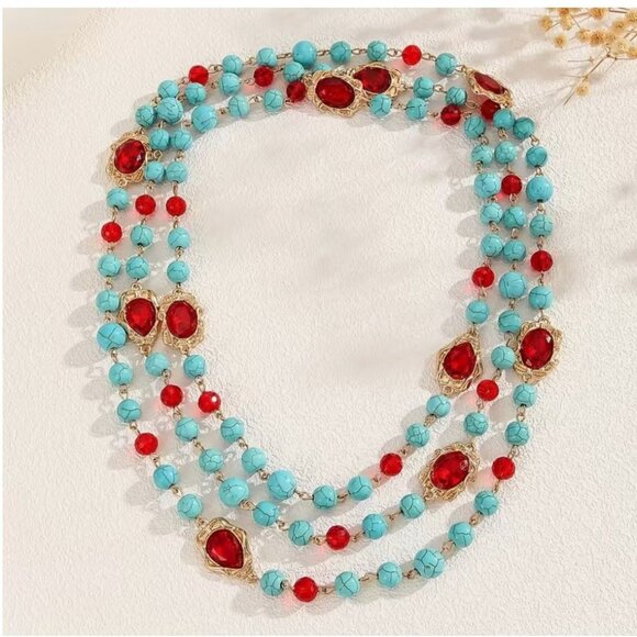 Extra Long 60" Beaded Imitation Turquoise Necklace with Red Accents Gold Tone - Picture 2 of 3